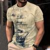 T-shirt Grafica Retro con Nave Pirata da Uomo, Nave Alta Blu e Bussola su Carta Invecchiata, Manica Corta Casual per Amanti del Mare