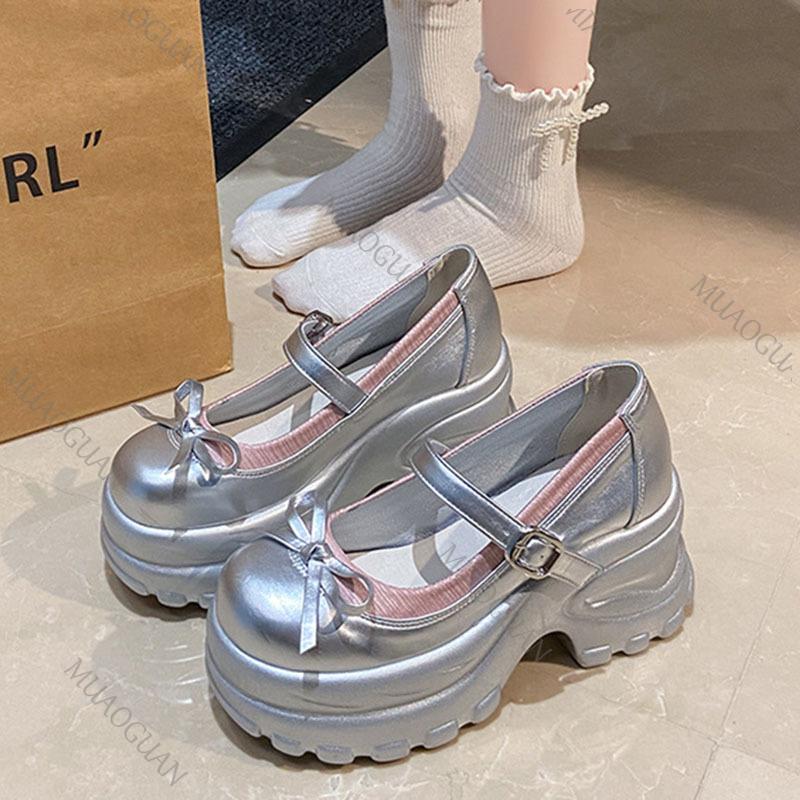 Fashion New Silver Bow Thick Bottom High-heeled Mary Jane Shoes College Style Shallow Mouth Fashion Pumps Autumn Heeled Single Shoes