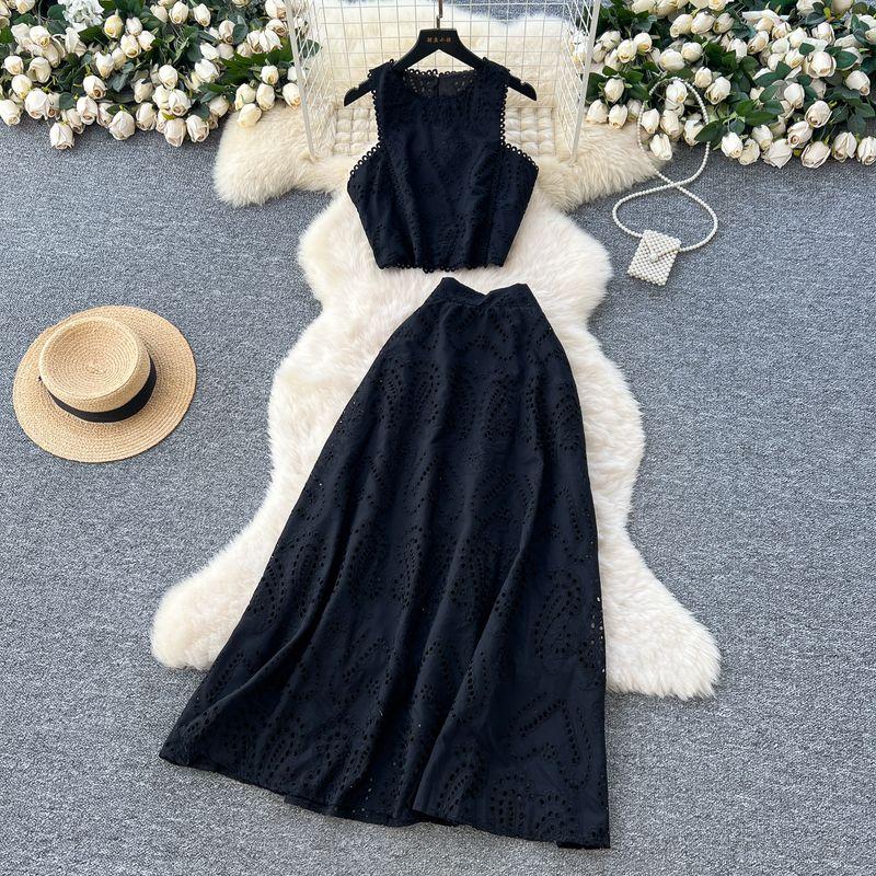 

French style Retro Hollow Crochet Design Set Women Summer Sleeveless Vest Top + High Waist Elastic Big Hemline Skirt Black M