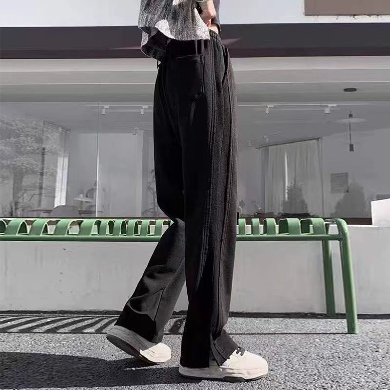 Women's Spring/Autumn Gray High-Waist Drapey Split Wide-Leg Sweatpants - Straight-Leg Casual Joggers