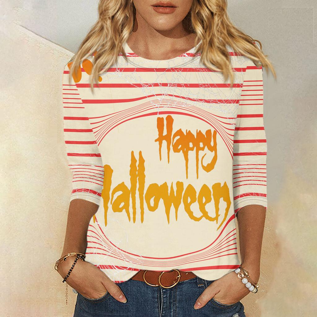 2024 New Women's Halloween Long Sleeve T-Shirt Spider Web Print Round Neck Casual Basic Loose Ladies Designer Tops