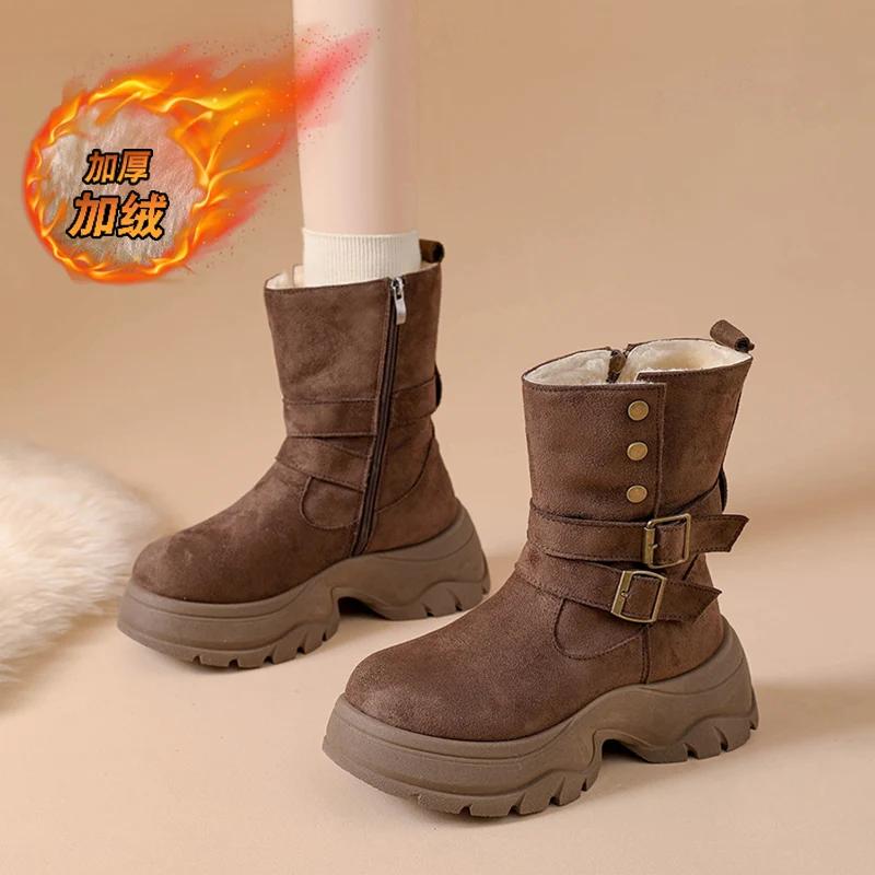 

Womens Snow Buckle Boots Winter Mid Calf Warm Fur Lined Slip on Lug Sole Booties Platform Suede Outdoor Walking Shoes 35 коричневый