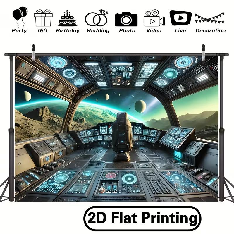 2D Spaceship Cockpit Backdrop Alien Planet & Earth View Photography Background
