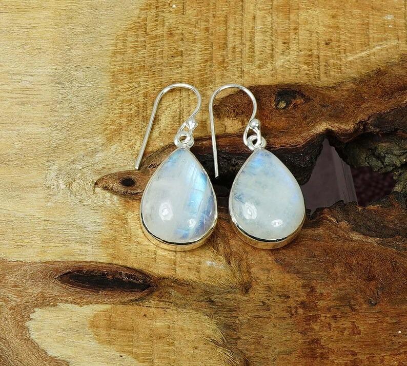 Solid 925 Sterling Silver Moonstone Gemstone Handmade Designer Earrings Pear Earrings
