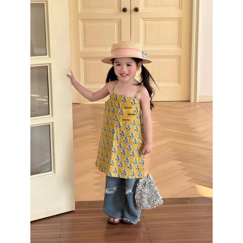 Summer 2026 Girls  Yellow Floral Strappy Dress with Lace-Up Back 130cm