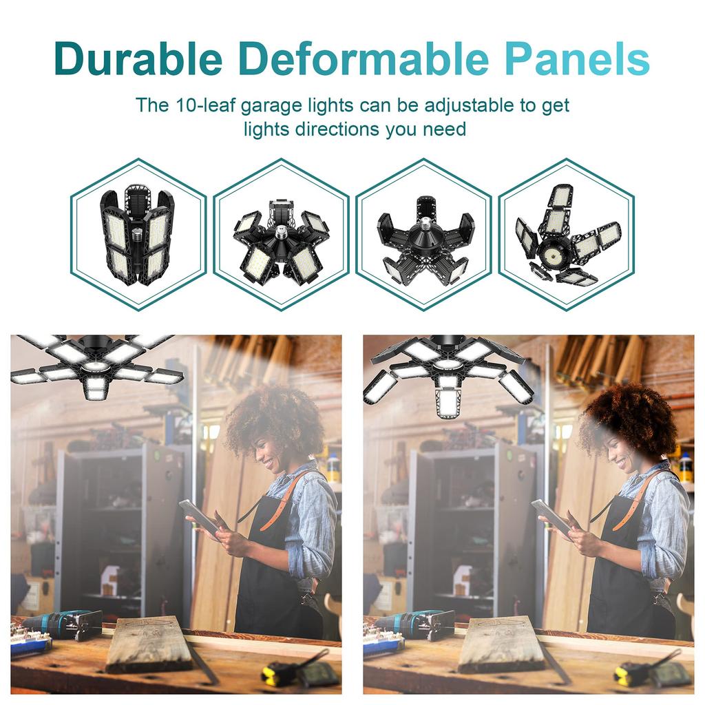 LED Garage Light with 5/8/10 Adjustable Panels Super Bright E27/E26 Ceiling Lighting Work Light for Basement Workshop Warehouse