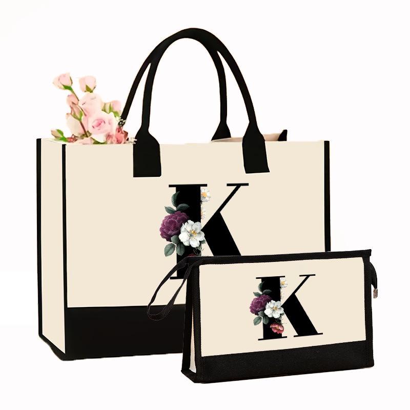Canvas Shoulder Bag Makeup Set with Color Block Print & Portable Zipper Clutch