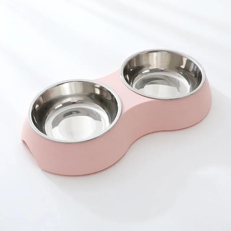 

Double Pet Food Bowl Stainless Steel Drinkware Pet Drinking Food Dog Food Puppy Feeding Supplies Kitten Food Water Accessories A розовый