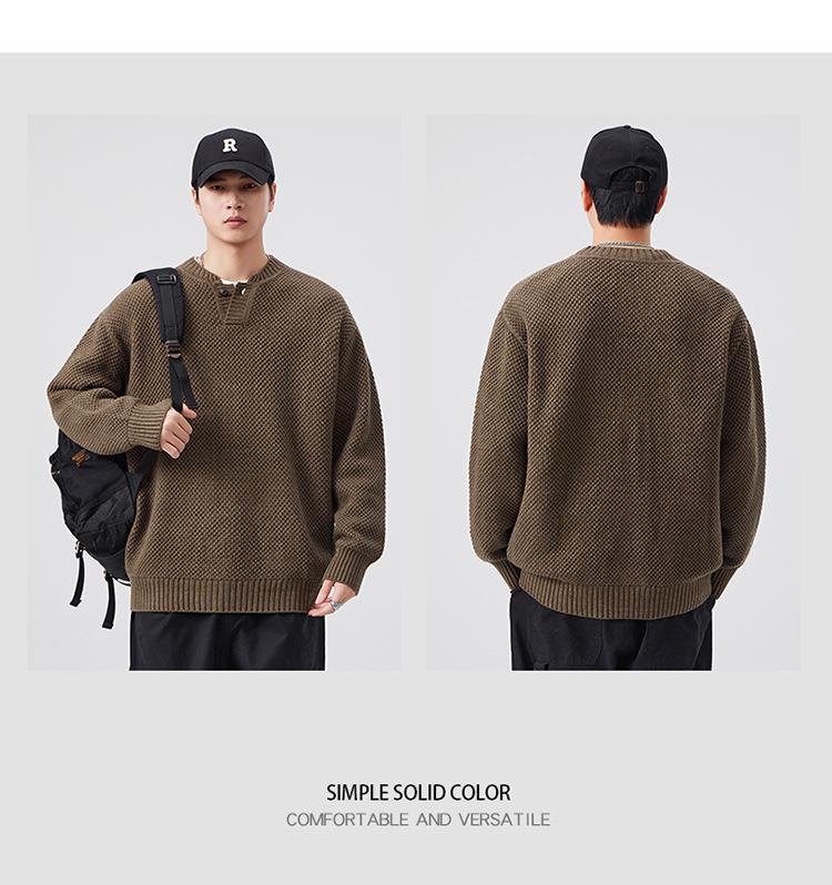 Plus Size Retro Henley Sweater: Men's Autumn/Winter Warm Loose Knitwear