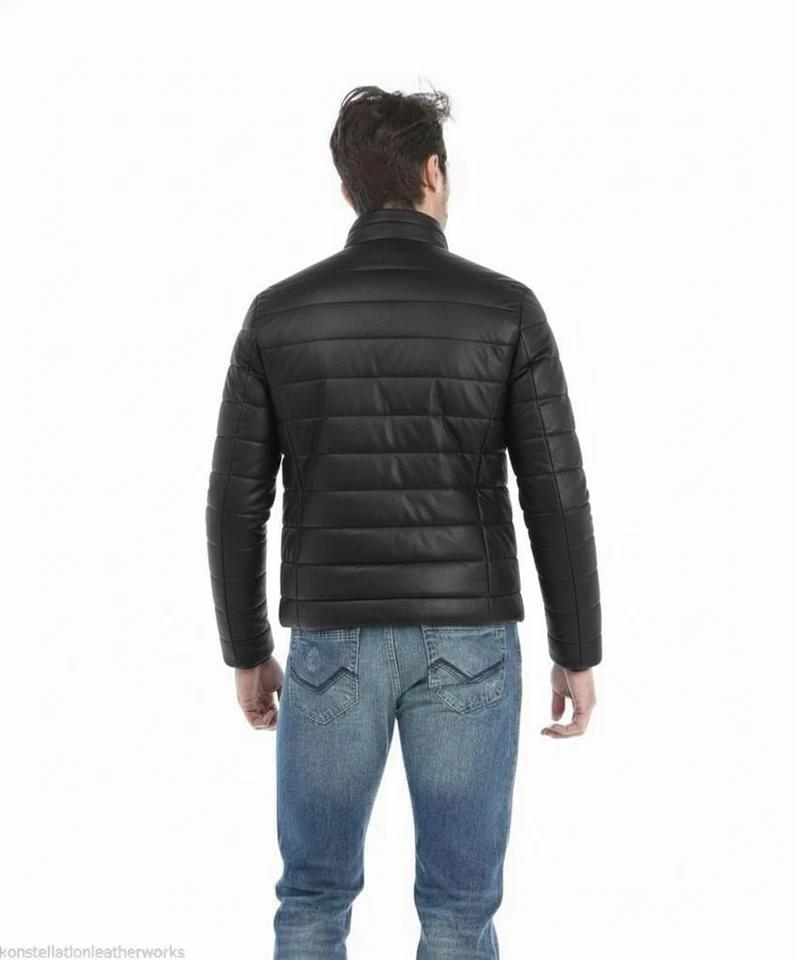 Veste Puffer Homme Fait Main Cuir Noir Moto Élégante Décontractée Agneau Doux Biker