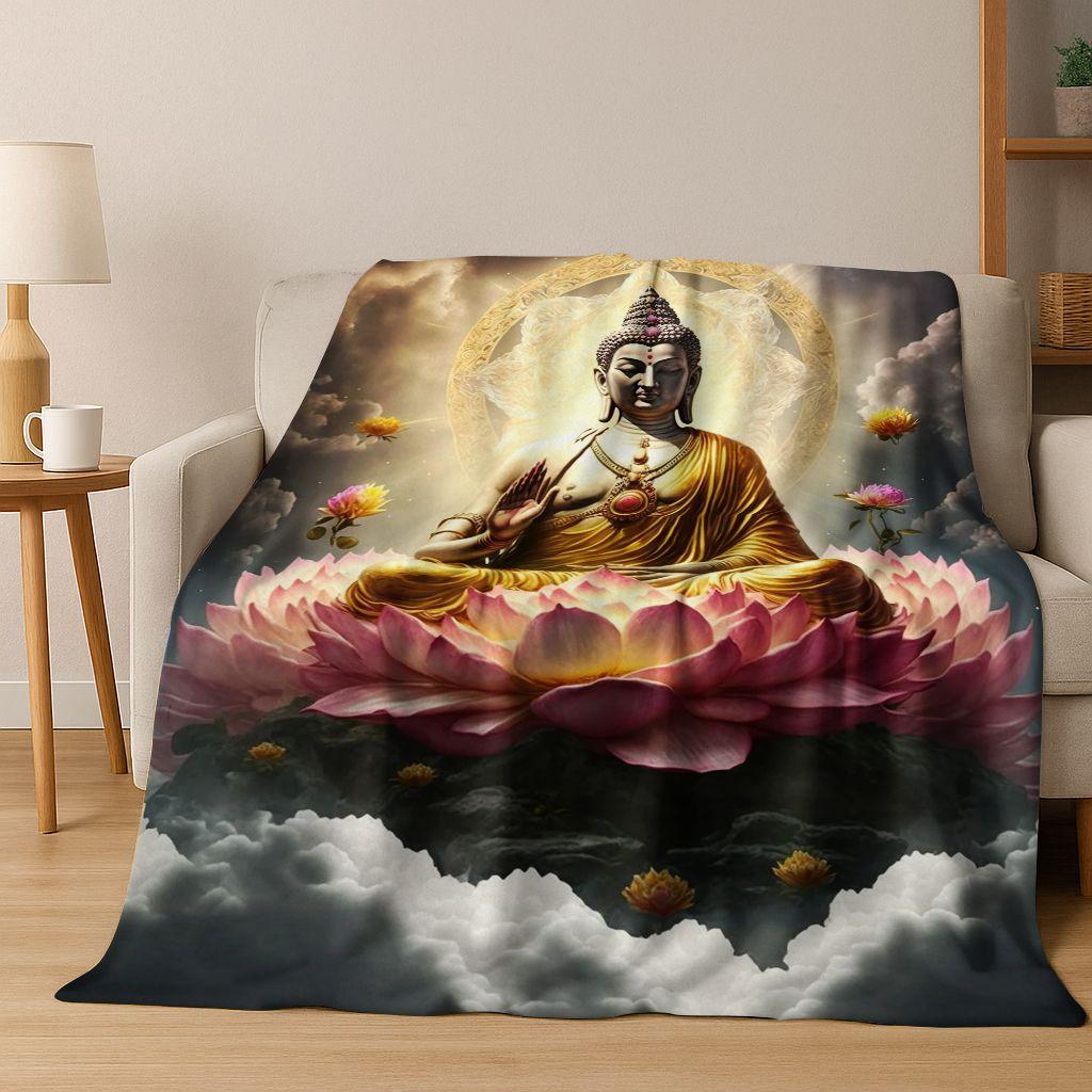 Faith Solemn Buddha Sakyamuni Flower Flannel Blanket,Cozy Soft Throw Blanket for Home Bedroom Bed Sofa Picnic Cover Gift Kids