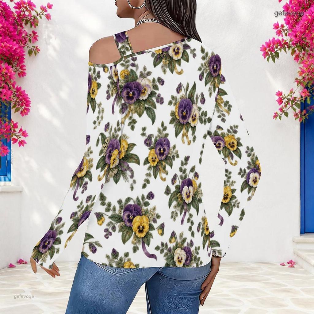 Women Plus Size White Floral Printed Asymmetric Cutout Neck Cold Shoulder Long Sleeve Fitted Top