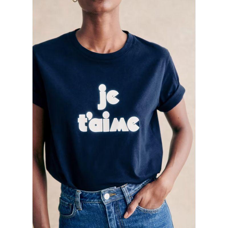 

[Discount Season] French Minority Cooperation French Letter Print Organic Cotton Short Sleeve Navy Blue T-shirt Navy blue (small amount of In Stock) L