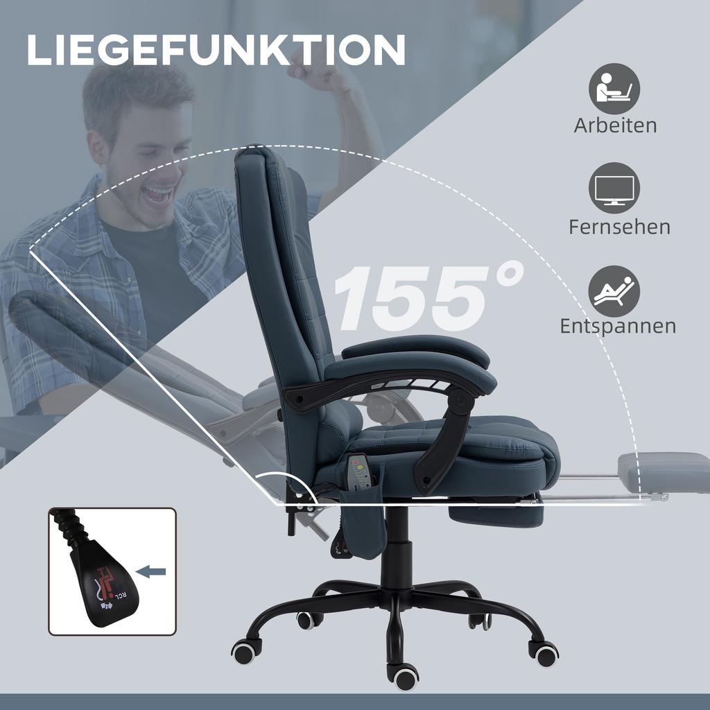 Massage Office Chair, 7 Vibration Points, Adjustable Footrest & Backrest, Up To 120 Kg, Leather Look, Blue