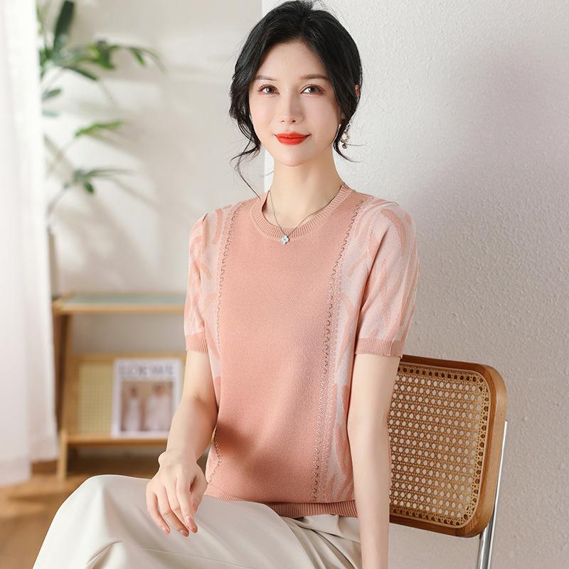 Elegant Ice Silk Knit Short Sleeve Top - Women's Summer Style