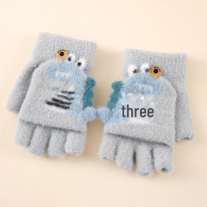 Dětské roztomilé kreslené dinosauří palčáky s odklápěcí horní částí: Hřejivé vlněné rukavice bez prstů na zimu