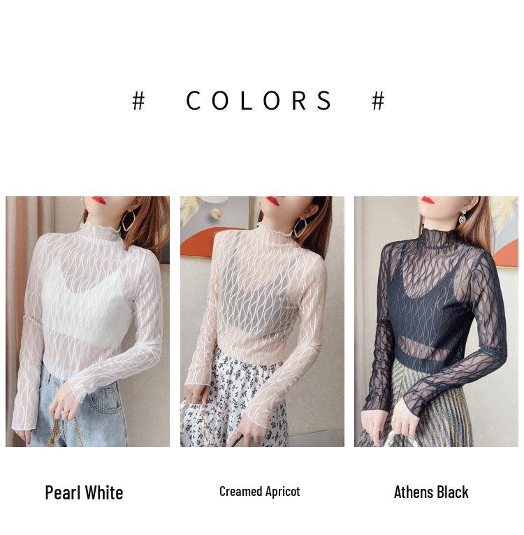 Women's Sheer Lace Long Sleeve Top with Half High Neck