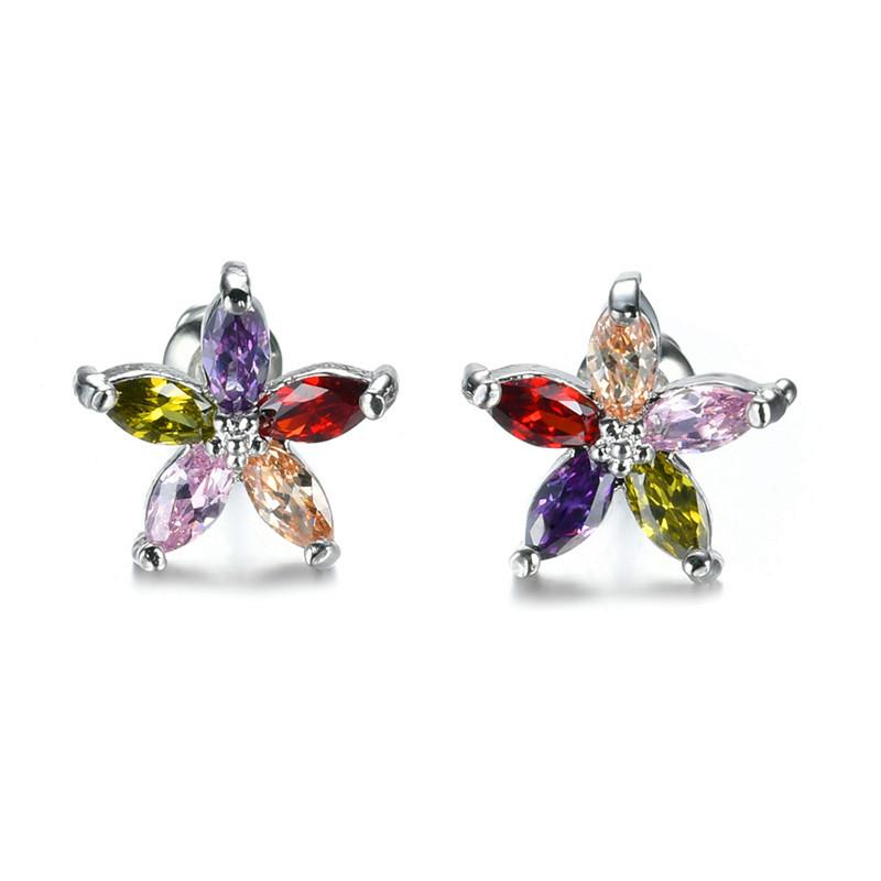 Cute Female Blue Zircon Stars Stud Earrings Multicolor Birthstone Crystal Silver Color Wedding Jewelry For Women