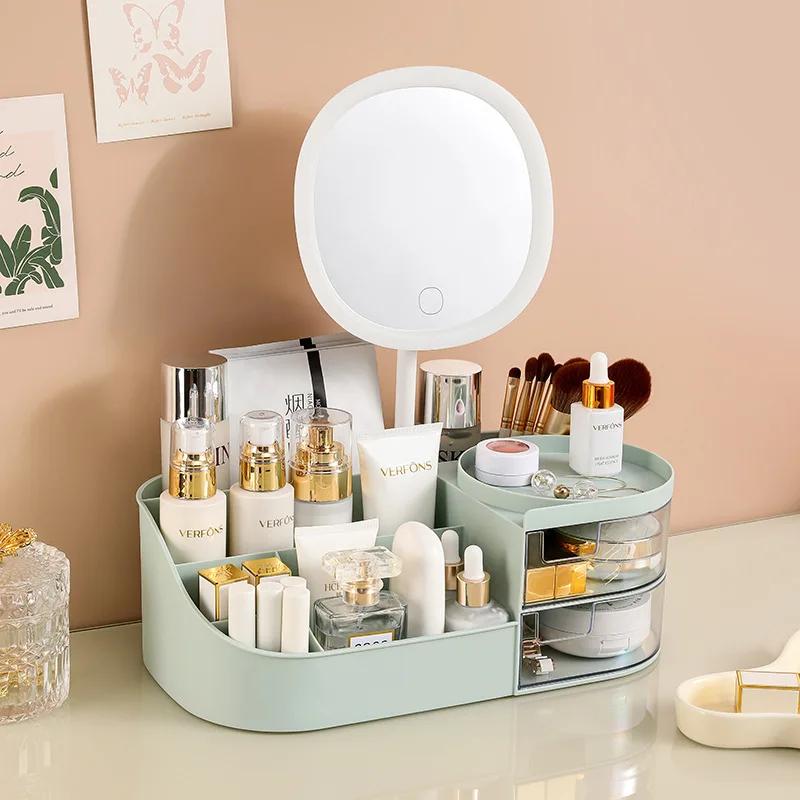Makeup Organizer with Rechargeable Makeup Mirror Skincare Cosmetics Organizer Countertop Large Capacity Cosmetic Display Case