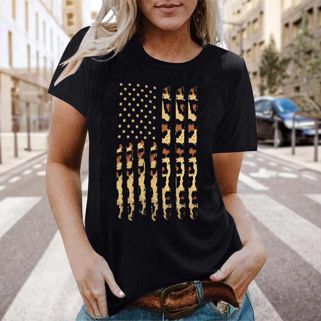 Real Shot Amazon Independence Station Cross-border European, American Independence Day Printed Short Sleeve Top Women's Summer Outer Bottom Shirt