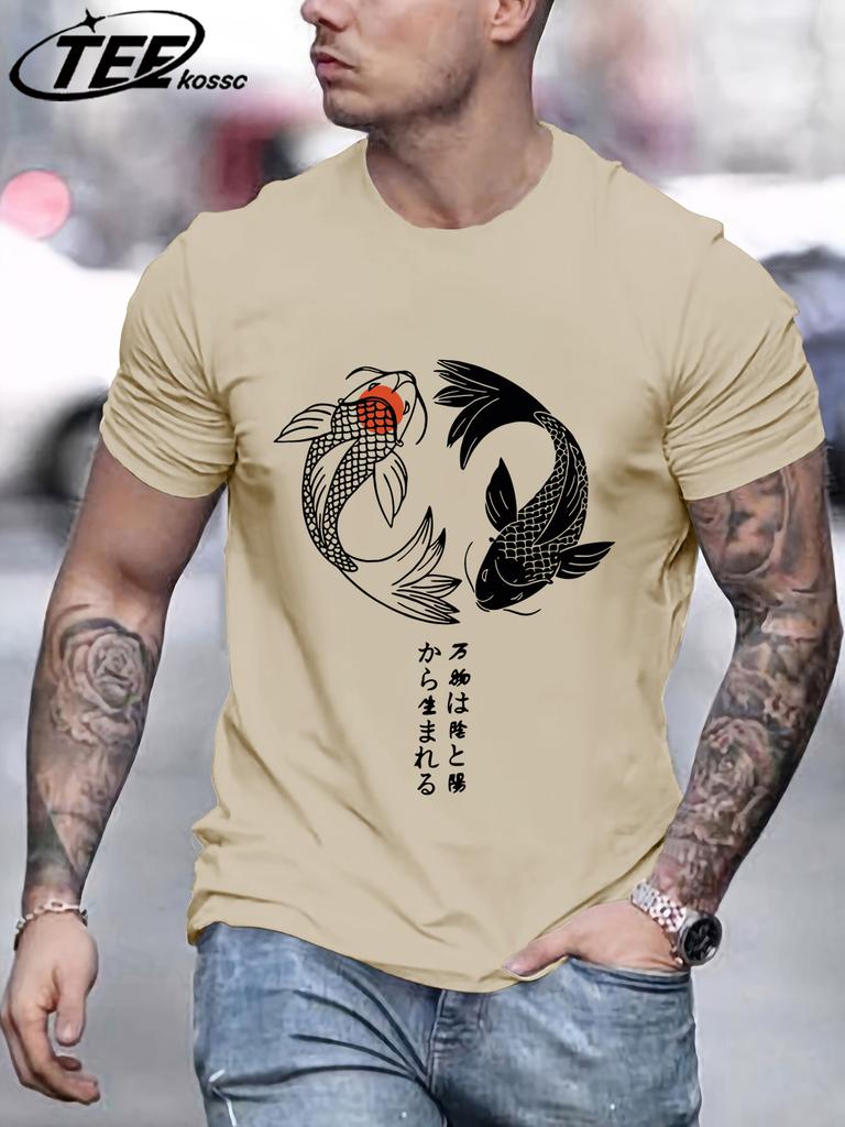 Two Koi Fish Swimming In WatertShirts Men Cotton Casual T Shirt Breathable Crewneck Short Sleeve Unisex Summer Fashion Clothing