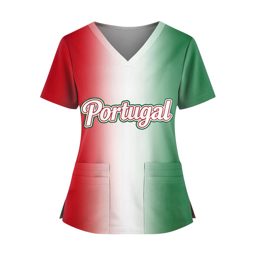Women's V-Neck Short Sleeve Work Top with Pockets and Side Slits, Soccer Flag Print
