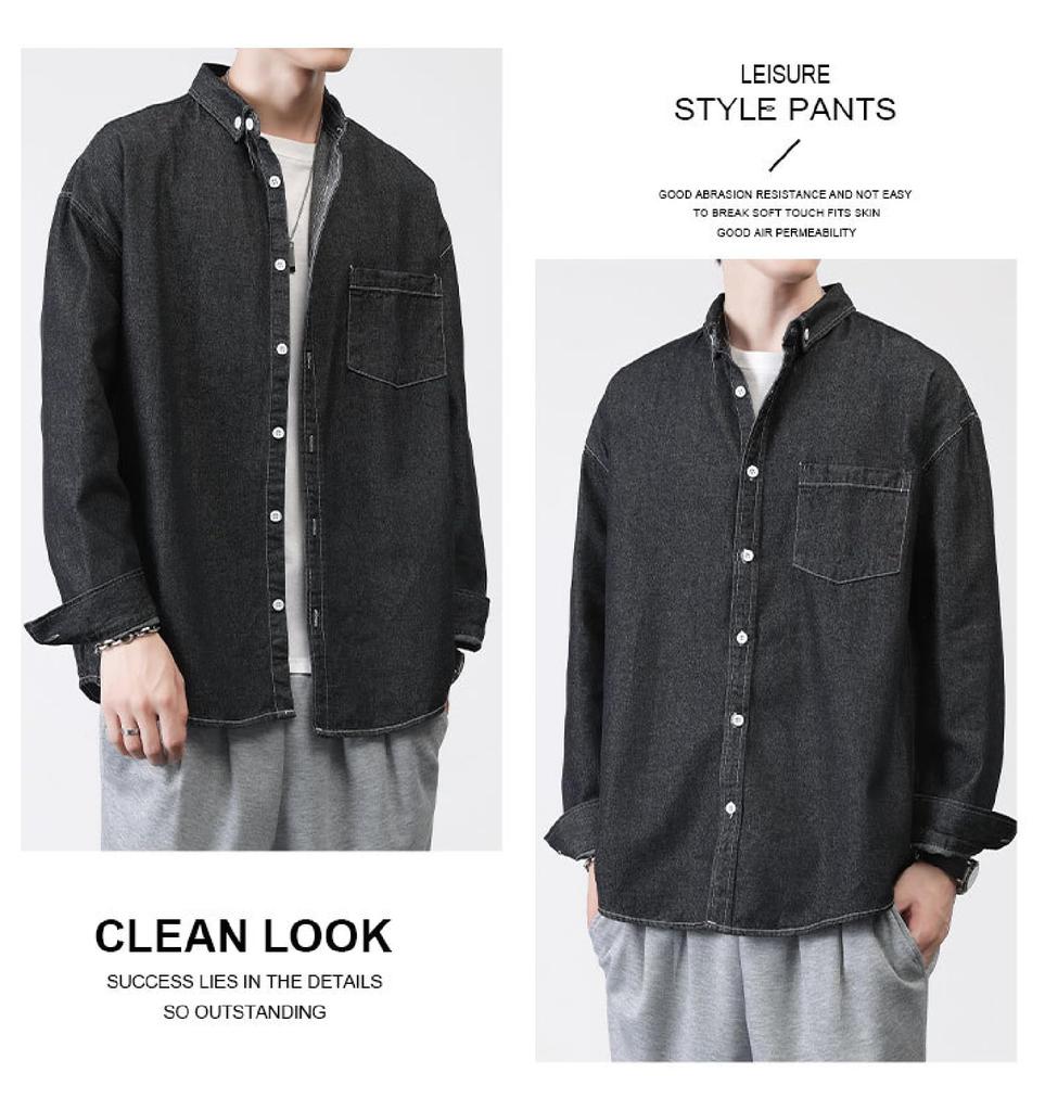 ANONIE Long Sleeve Denim Slim for and Chest Size 2XL Men's Shirt, Fit, Collared, Casual, Spring, Summer, Fall, Lightweight, Pocket, Black,