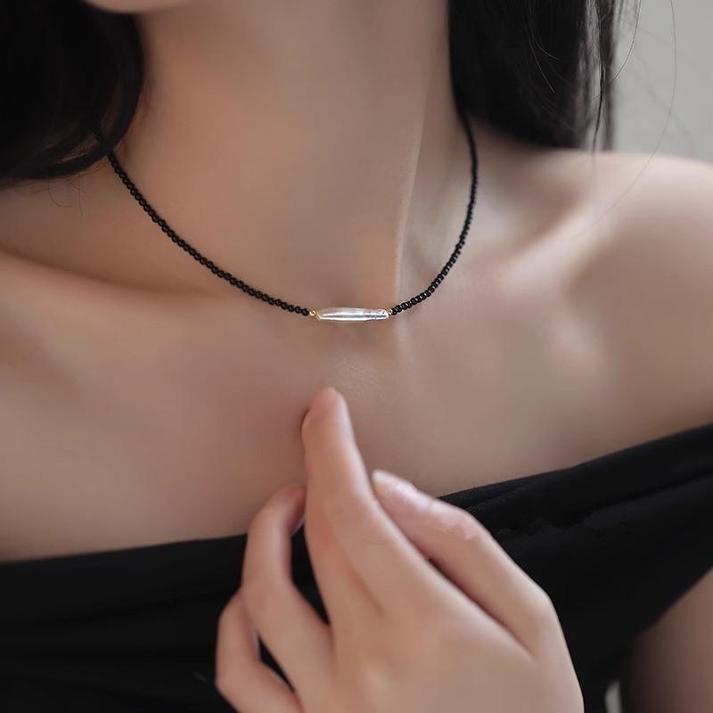Special-Shaped Baroque Silver Bar Freshwater Pearl Necklace Femininity Ultra-Fine 2Mm Black Agate Beaded Necklace Female