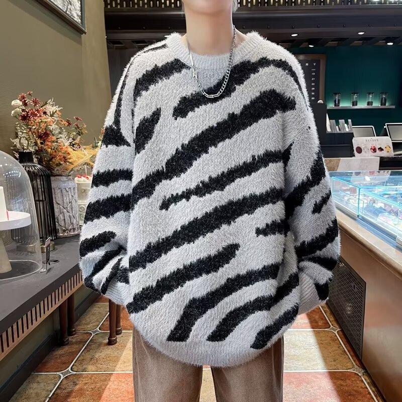 

Men s Winter Mink Velvet Zebra Print Sweater - Retro Lazy Style Thick Knitwear with High-End Feel XXL