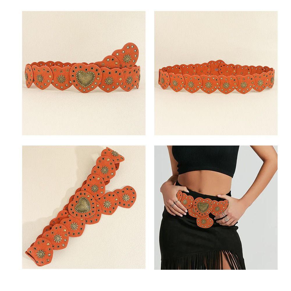 Y2k Cowgirl Waist Belt Wide Side PU Leather Waistbands Love Heart Patchwork Waist  Jeans Decor