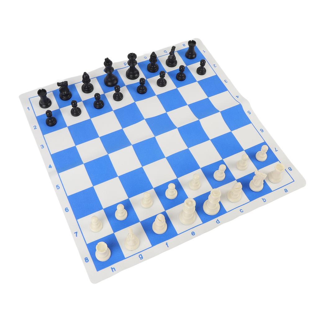Chess Set 42cm Blue and White Rollable PU Checker Board 75mm Plastic Chess Pieces with Felt Padding