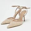 Sandalias de tacón alto de lujo para mujer, moda, con abalorios de cadena brillantes, correa en el tobillo, zapatos de fiesta, elegantes, para boda, novias