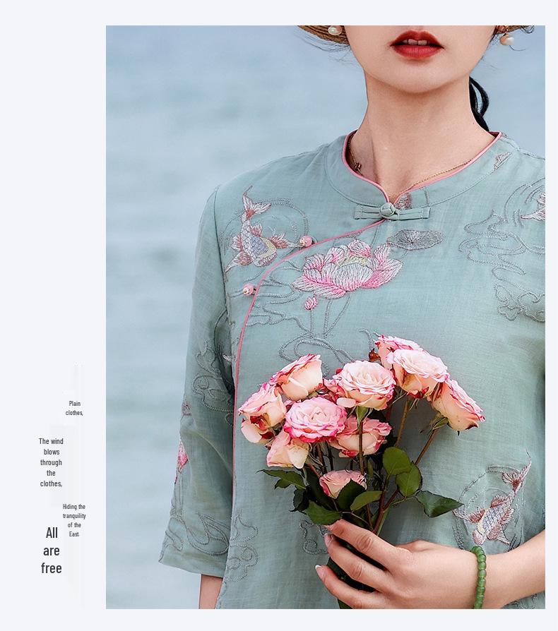 Chinese-Style Ramie Cheongsam Dress with Artistic Lotus & Fish Embroidery and Frog Buttons - Summer New Style