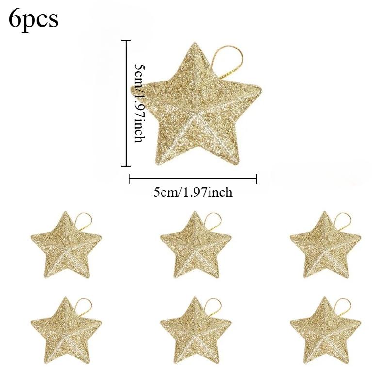 6pcs Glitter Golden Silver Star Christmas Ornament Star Embellishments Pendants for Xmas Tree Hanging Christmas Party Decoration