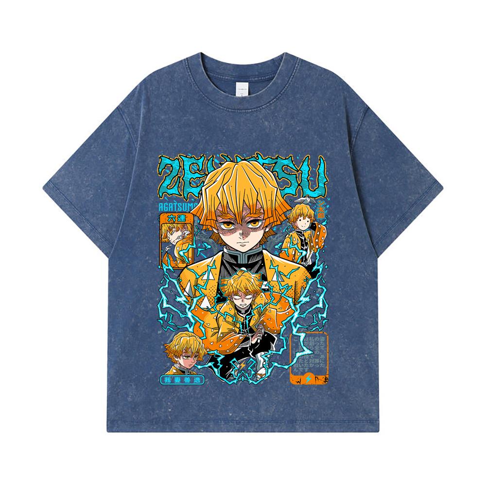 275 GSM Gewaschene T-Shirts 100% Baumwolle Demon Slayer V100 Zenitsu Print Unisex Schweres Baumwoll-T-Shirt