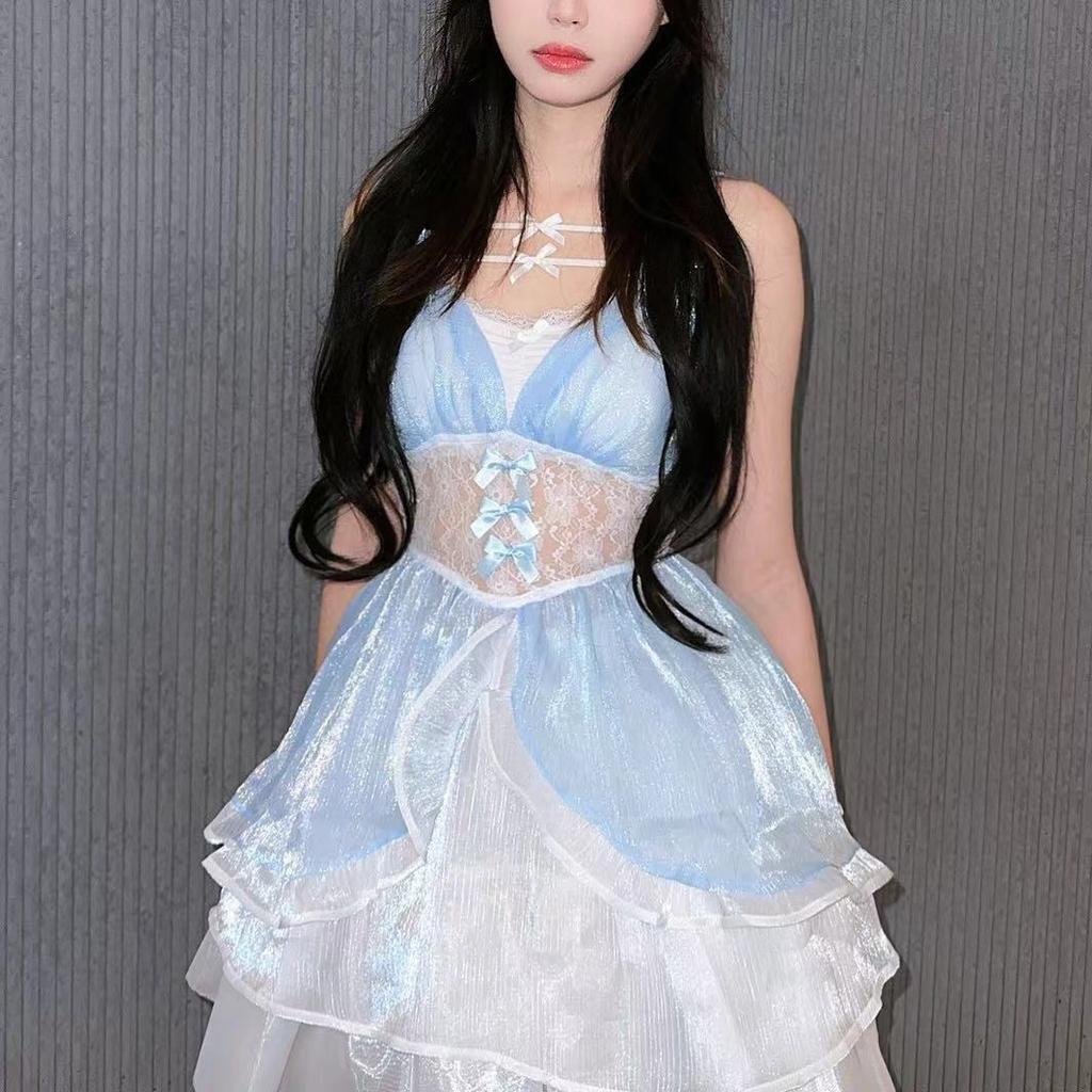 Sexy Lingerie Pearlescent Blue Bow Suspender Deep V Dress Sexy Female Sweet Lace