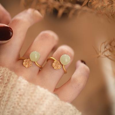 Small Flower Jade Open Ring Ancient Law Gold Guochao Gentle Temperament Girlfriend Gift Hetian Jade Bead Cherry Blossom Ring