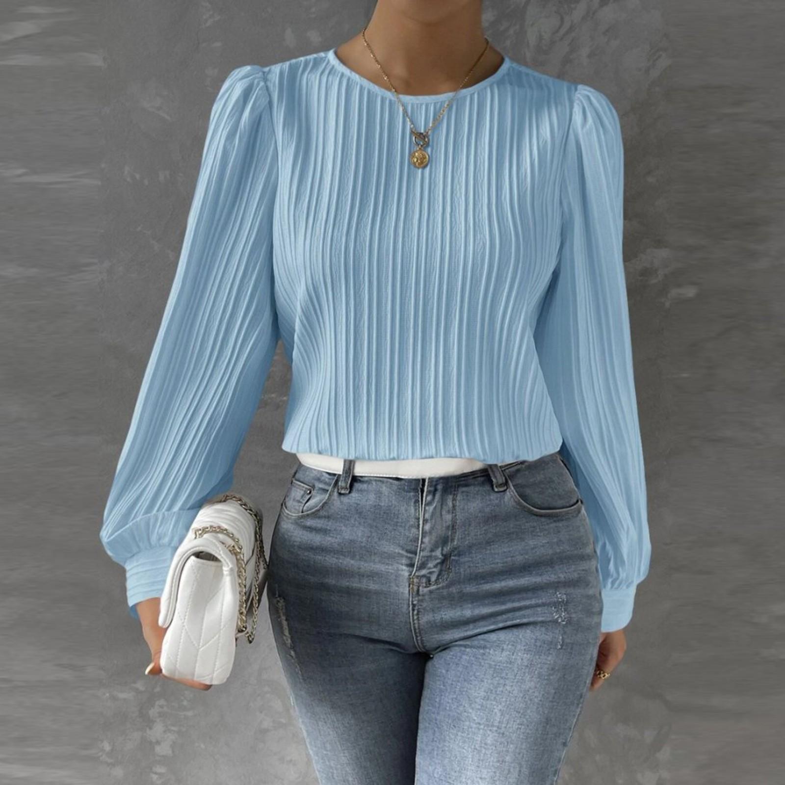 

Женская модная однотонная свободная рубашка с круглым вырезом и длинными рукавами L небесно-голубой