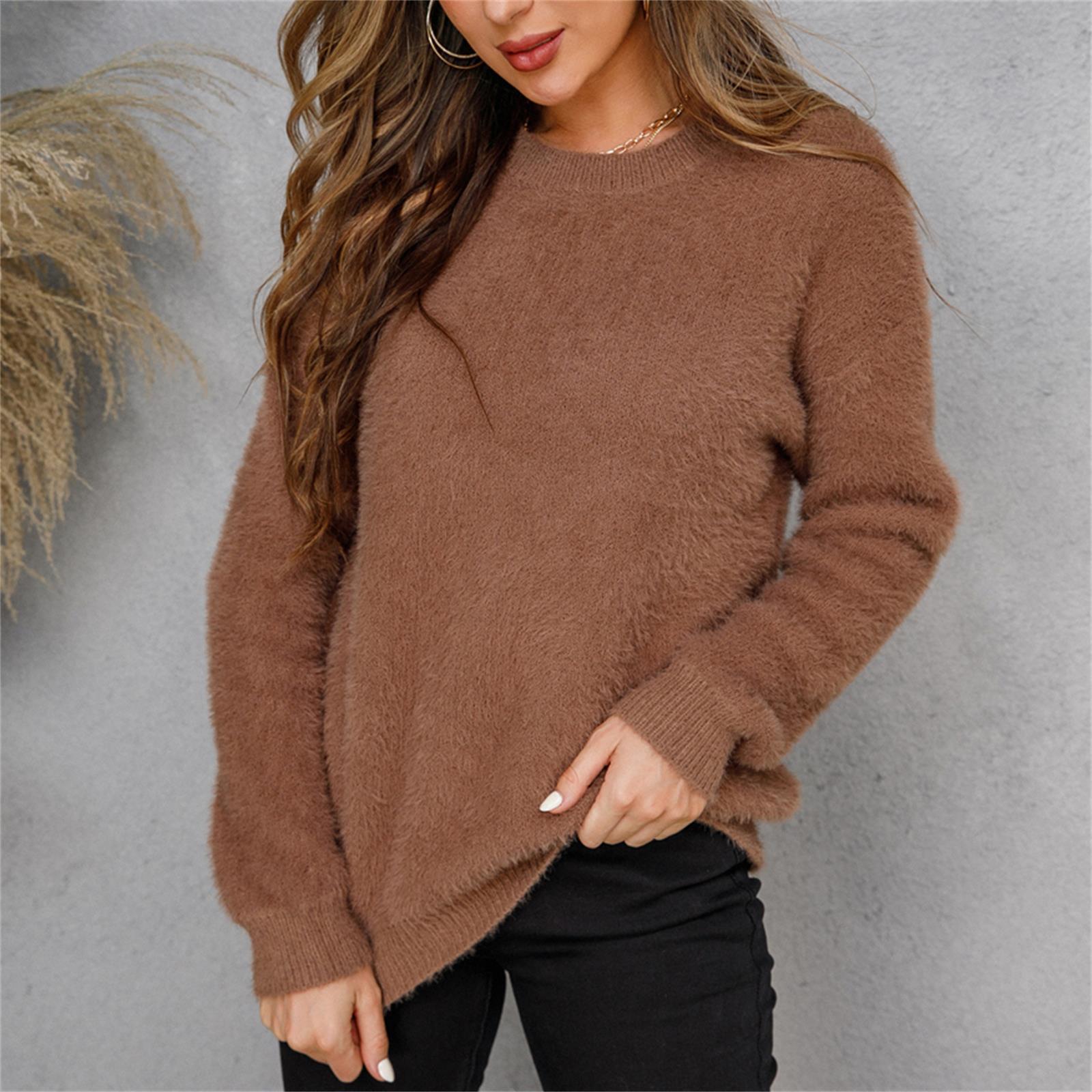 Ladies Winter Solid Color Plush Pullover Long Sleeve Sweater Casual Shirt Tops M