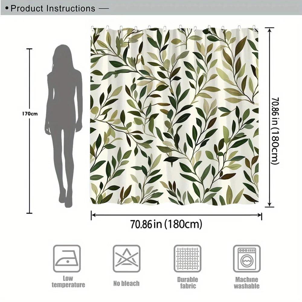 Leafy Branches Shower Curtain - Green & Brown Botanical Design, Light Cream Background,  12 Hooks, Machine Washable, Bath Deco