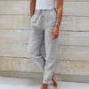 Frauen Sommer Elastische Taille Tasche Tasche Einfarbig Baumwolle Leinen Breite Bein Hosen Lose Neun Punkte Hosen