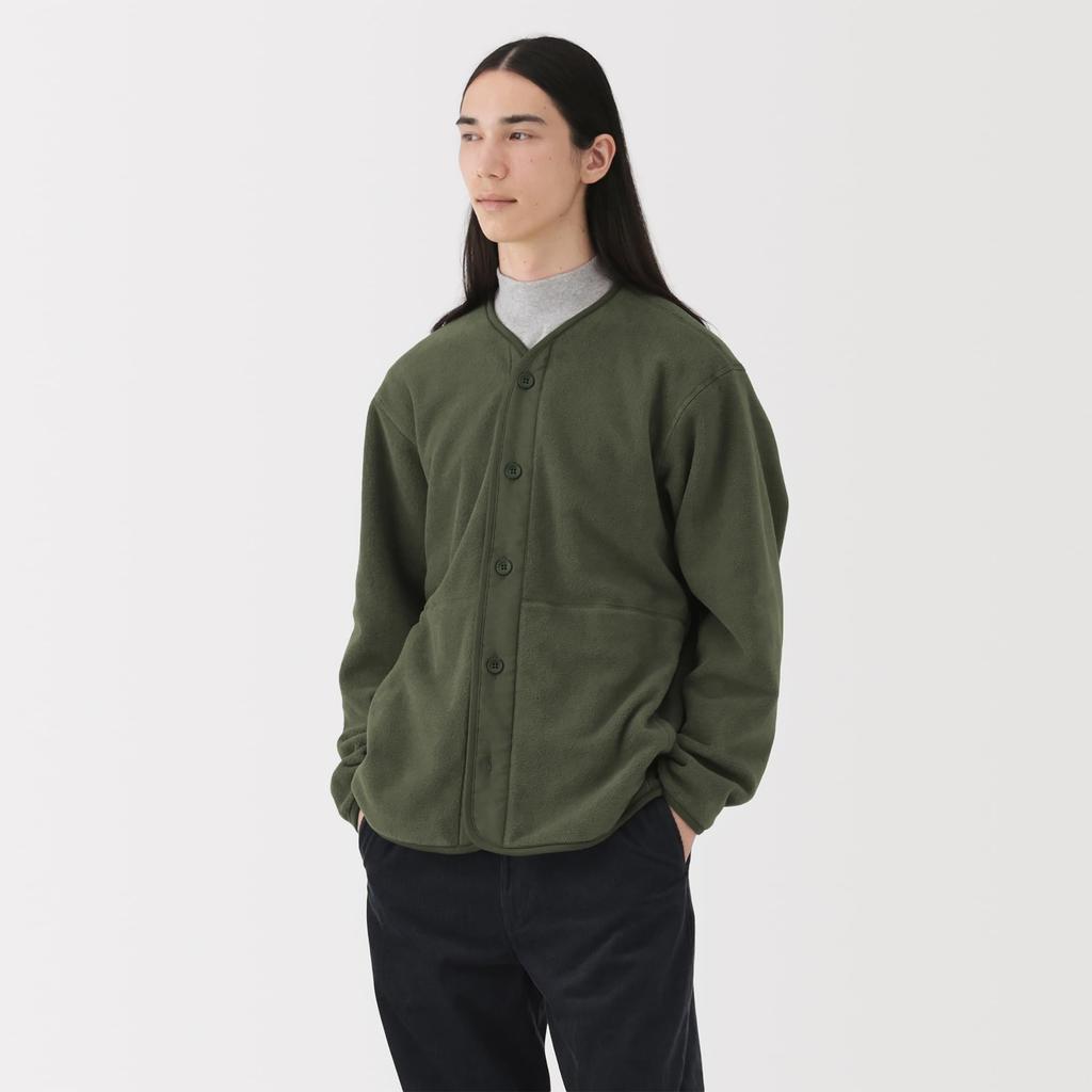 MUJI Returnable Fleece Khaki Size L Men's Cardigan, Green, (AB1P8A5A)