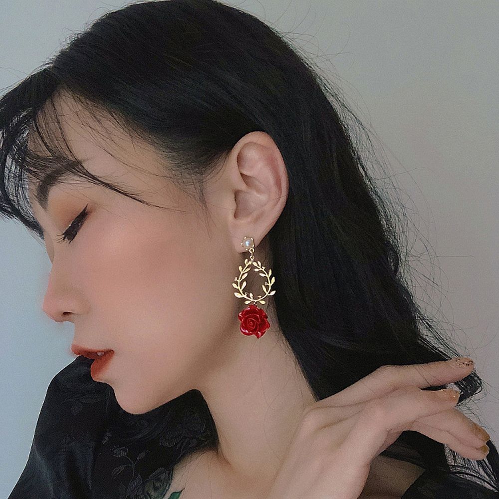 Asymmetric For Girls Pearl Women Stud Earrings Drop Earrings Korean Dangle Earrings Red Rose Flower