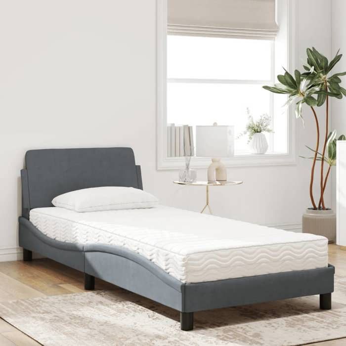 VidaXL Lit avec matelas gris foncé 90x200 cm velours, meuble de chambre, lit simple, cadre de lit incurvé, sommier, lit en 3208332