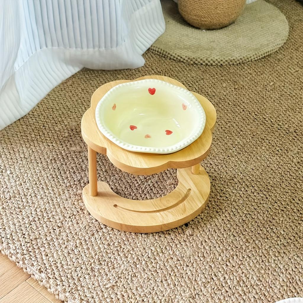 Elevated Ceramic Pet Bowl with Wooden Stand - Anti-Spill Cat Food Bowl & Dog Feeder, Neck-Protective Design for Cats and Dogs