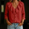 Women's Color Long Sleeve V-Neck Ruffled Blouse with Loose Fit for Casual Daily Wear