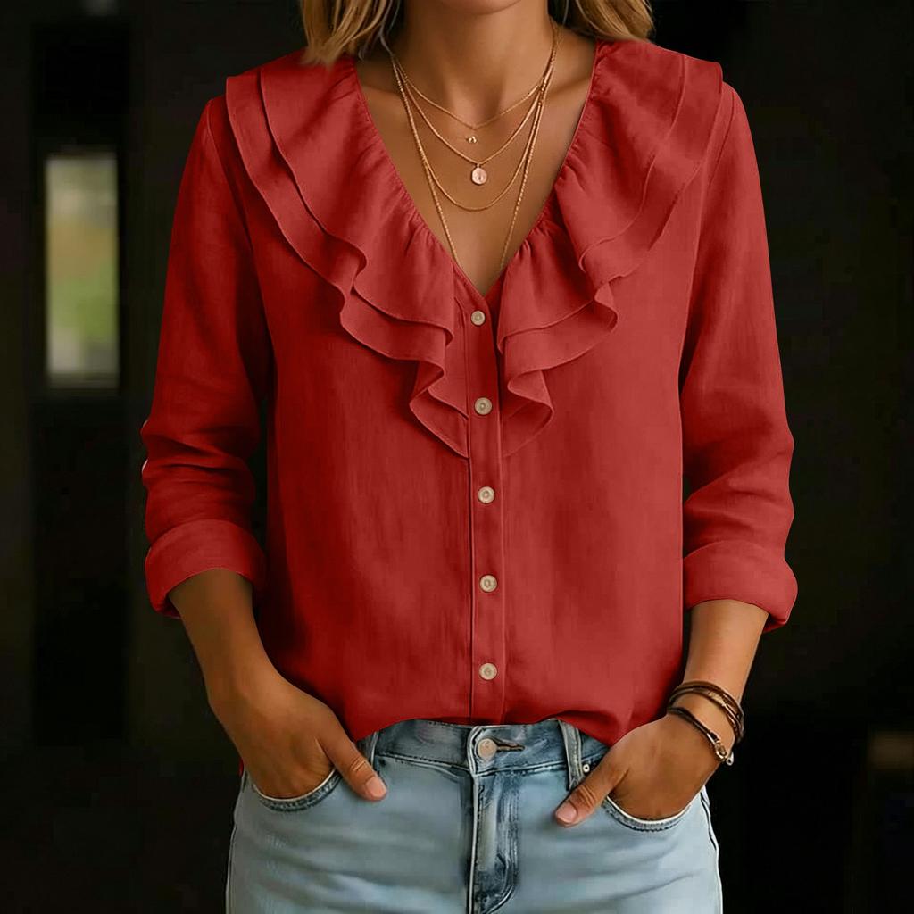 Women's Color Long Sleeve V-Neck Ruffled Blouse with Loose Fit for Casual Daily Wear
