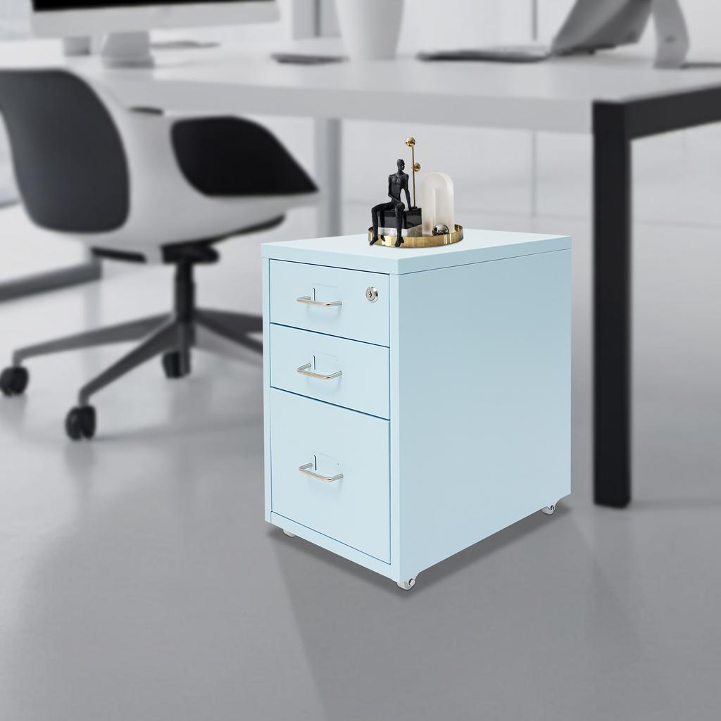 3-Drawer Metal File Cabinet with Lock & Wheels, Blue - Modern Office Storage, Secure Filing Cabinet, Compact Size 28x41x48cm