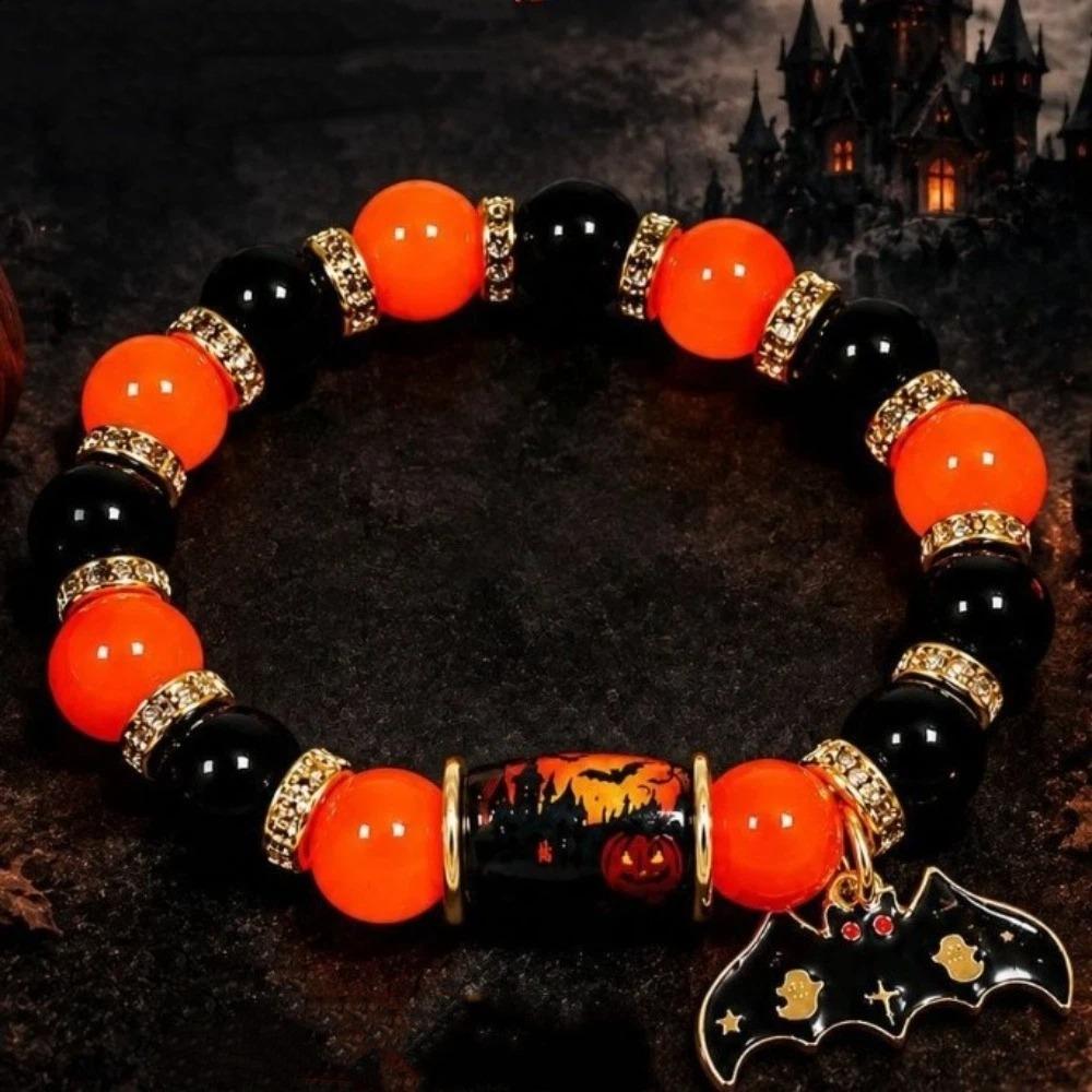 Colorful Beads Halloween Crystal Bracelet Spooky Ghost Bat Charm Bracelet Gift