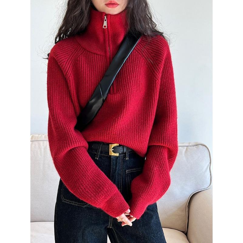 Herbst Winter Stehkragen Reißverschluss Pullover Damen Locker Lässig Alleskönner Einfarbig Unterteil Strickoberteil